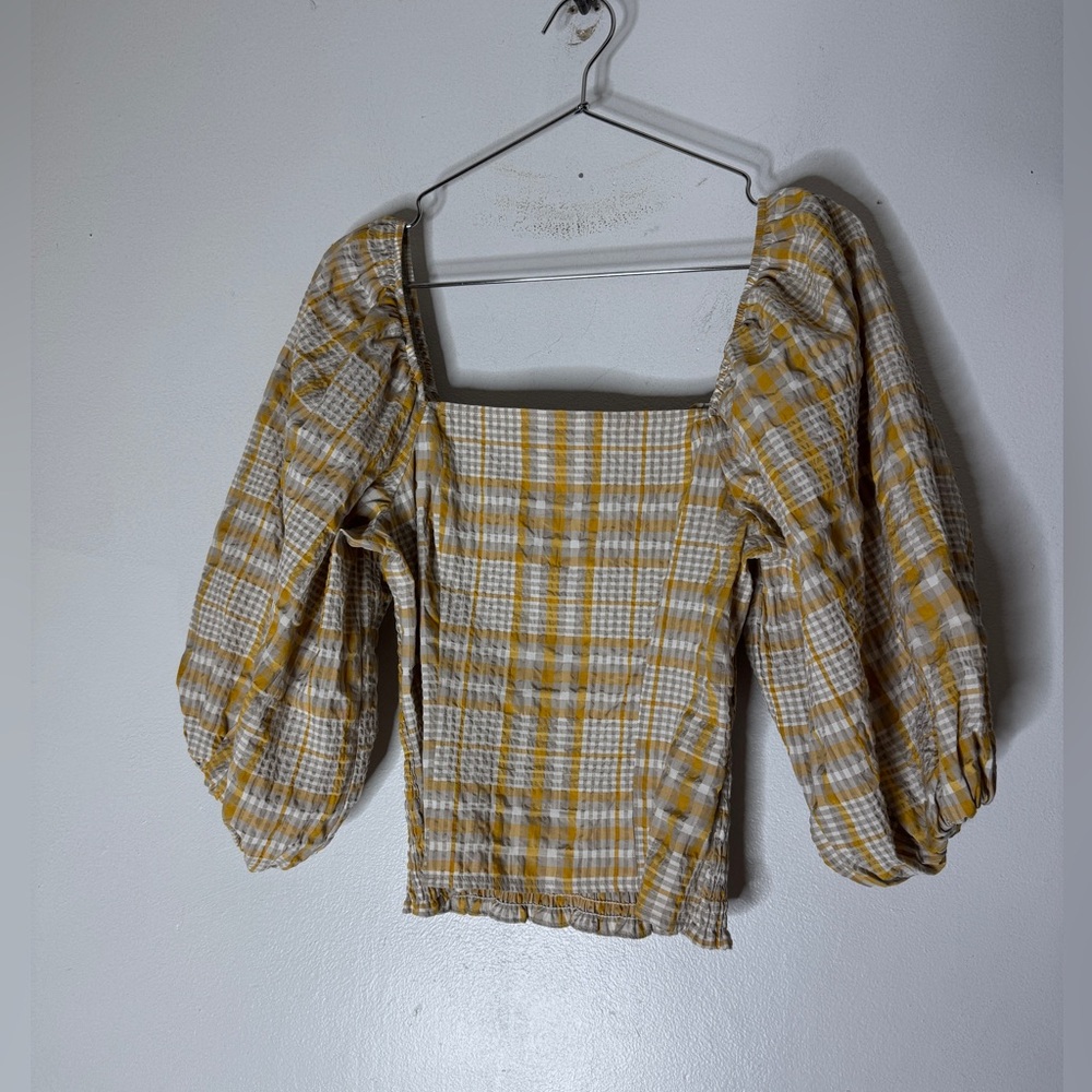Anthropologie Maeve Plaid Square-Neck Blouse Yellow Natural Motif Size XS